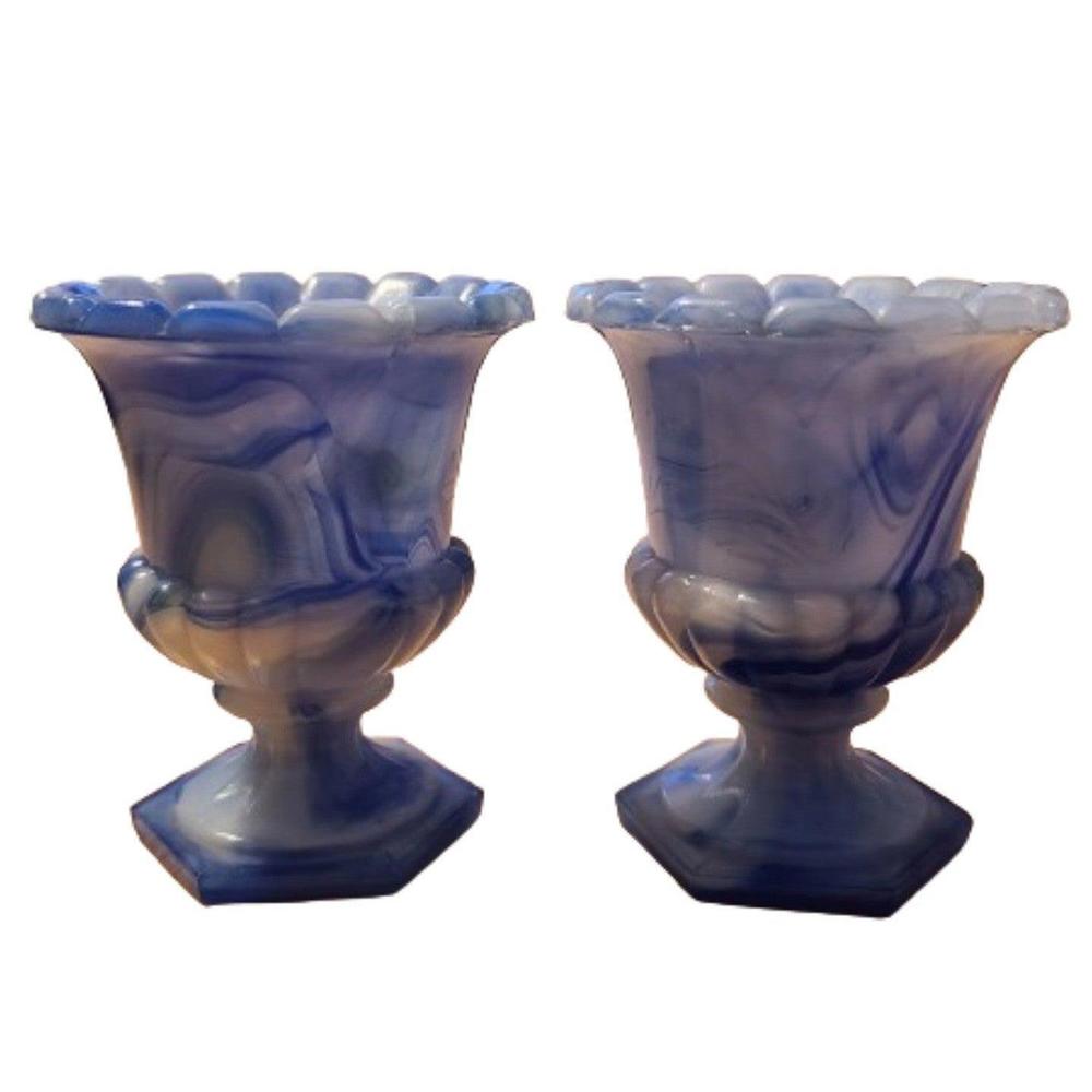 Vintage Akro Agate Blue White Slag Glass Small Chalice Cup Vase Urn Lot of 2